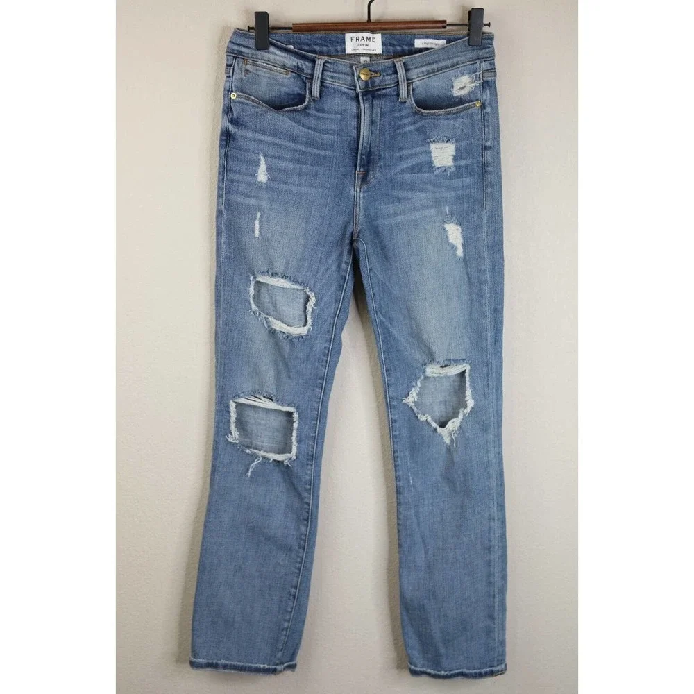 Frame Denim Womens Le‎ Debs High Ripped Straight Jeans Size 27 Distressed Denim